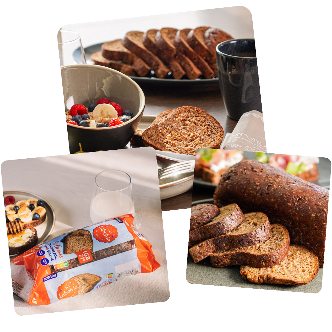trois photo du pain aux graines Labelvie : une photo du pain sur une table de petit déjeuner, une photo du pain dans osn packaging, et une photo du pain tranché.